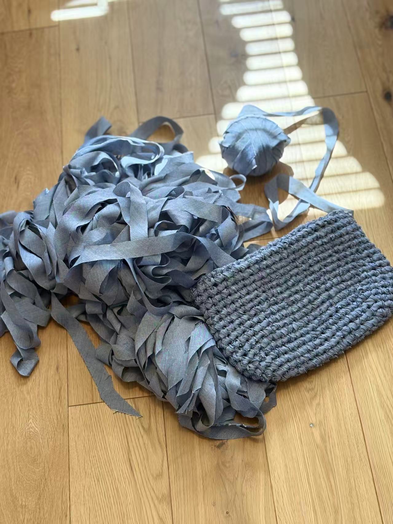 Fabric yarn alongside a crocheted sample